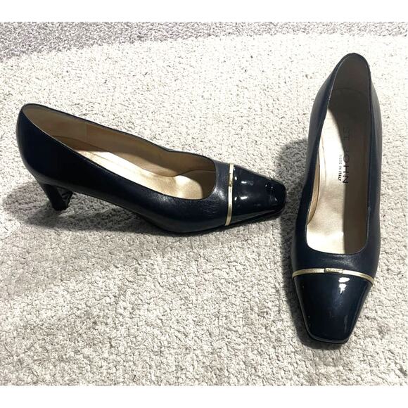 St. John Womens 9 B Gold Trim Spectator Pumps Leather Blue Black Made in Italy - Picture 1 of 14